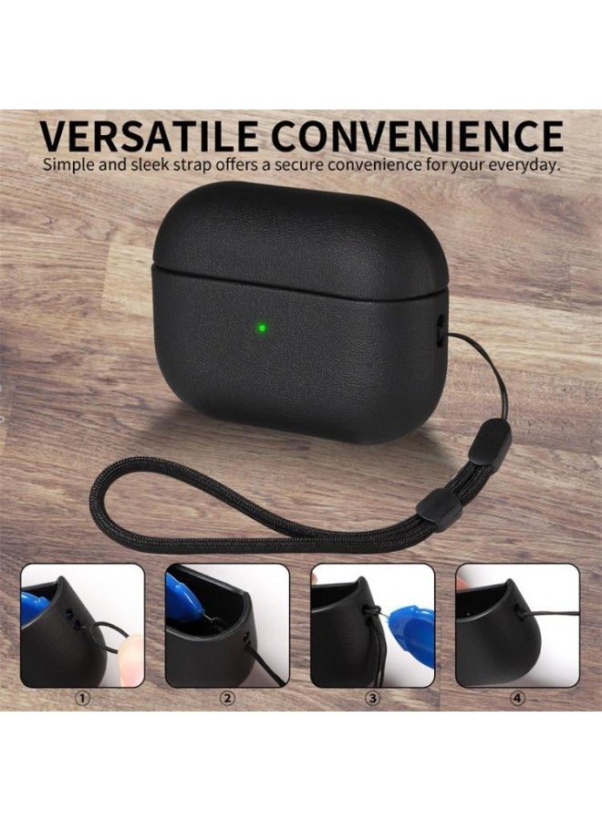 Case AirPods Pro 3, Leather Texture Cover Compatible with Airpods Pro 3rd Generation(2025) Full Drop Protective case with Lanyard, Supports Wireless Charging, Front LED Visible (Black) - Image 5